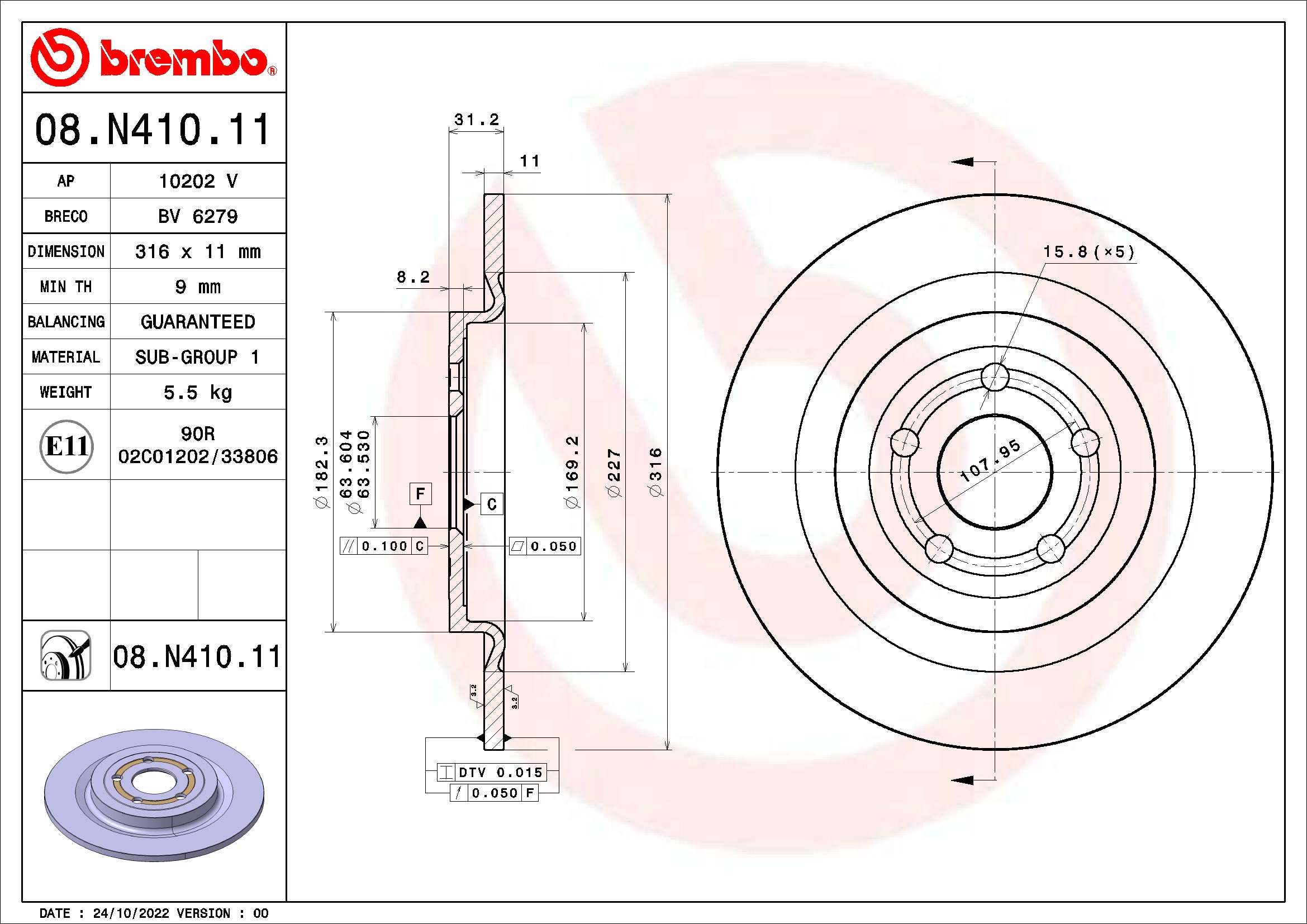Ilustracja 08.N410.11 BREMBO tarcza hamulcowa