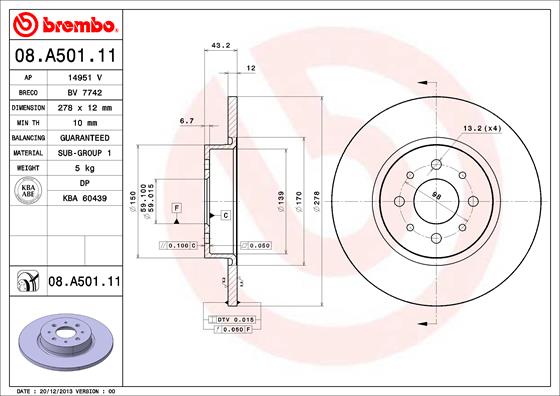 Ilustracja 08.A501.11 BREMBO tarcza hamulcowa