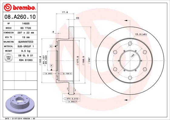 Ilustracja 08.A260.10 BREMBO tarcza hamulcowa