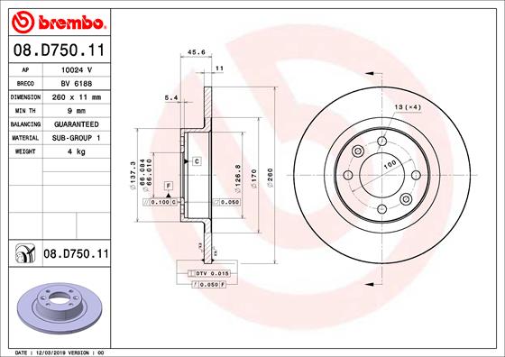 Ilustracja 08.D750.11 BREMBO tarcza hamulcowa