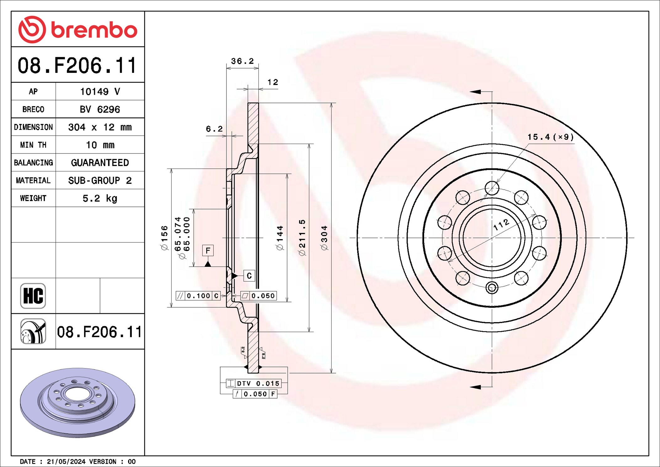 Ilustracja 08.F206.11 BREMBO tarcza hamulcowa
