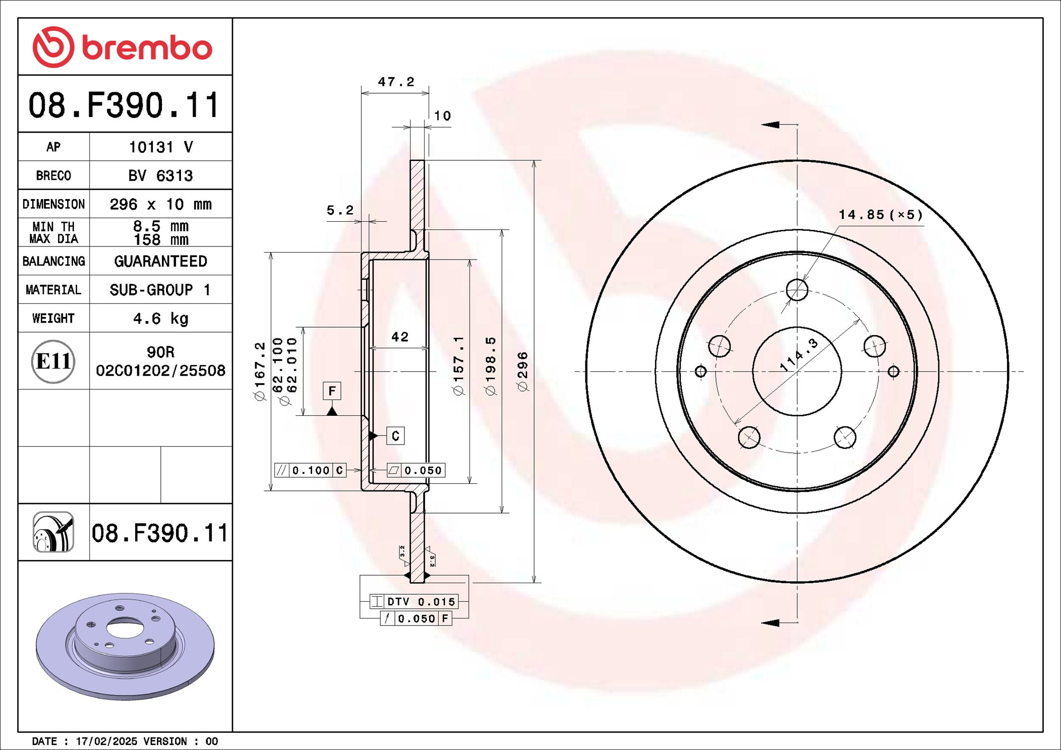 Ilustracja 08.F390.11 BREMBO tarcza hamulcowa