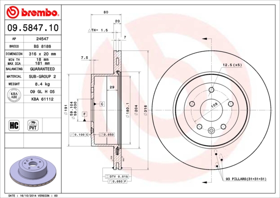 Ilustracja 09.5847.10 BREMBO tarcza hamulcowa