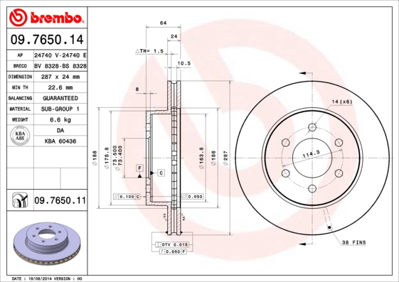 Ilustracja 09.7650.11 BREMBO tarcza hamulcowa