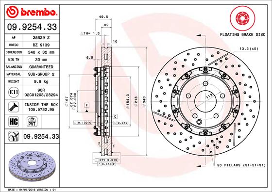Ilustracja 09.9254.33 BREMBO tarcza hamulcowa