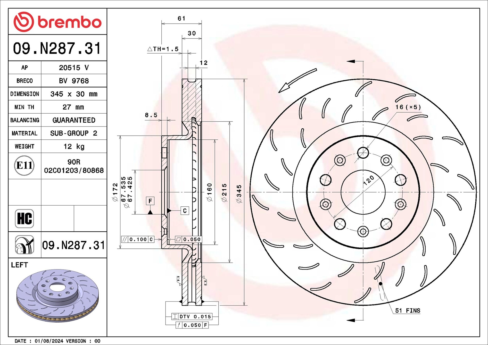 Ilustracja 09.N287.31 BREMBO tarcza hamulcowa
