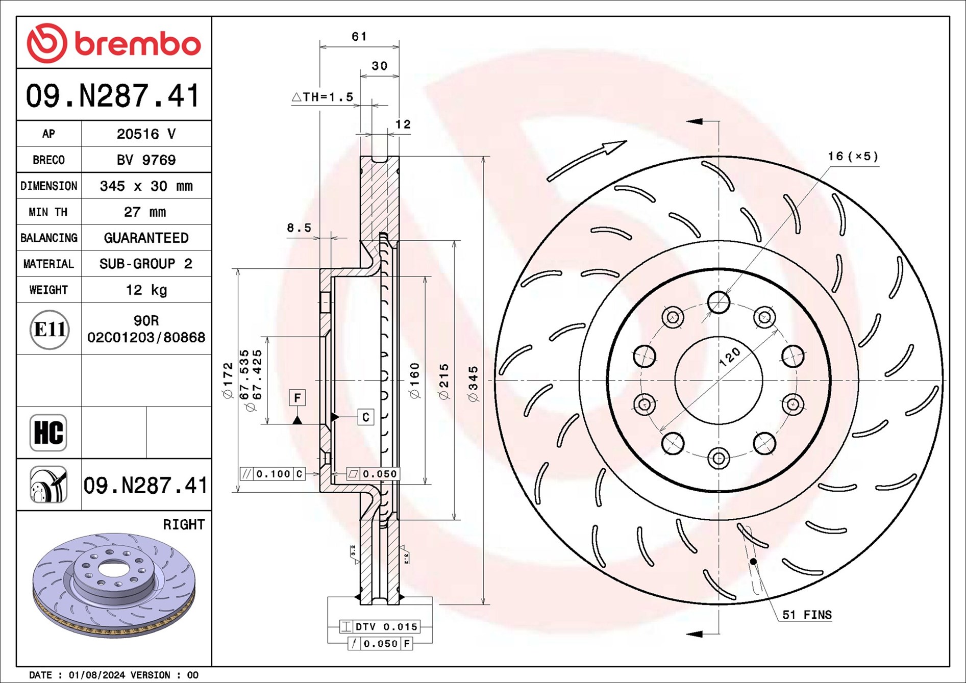 Ilustracja 09.N287.41 BREMBO tarcza hamulcowa