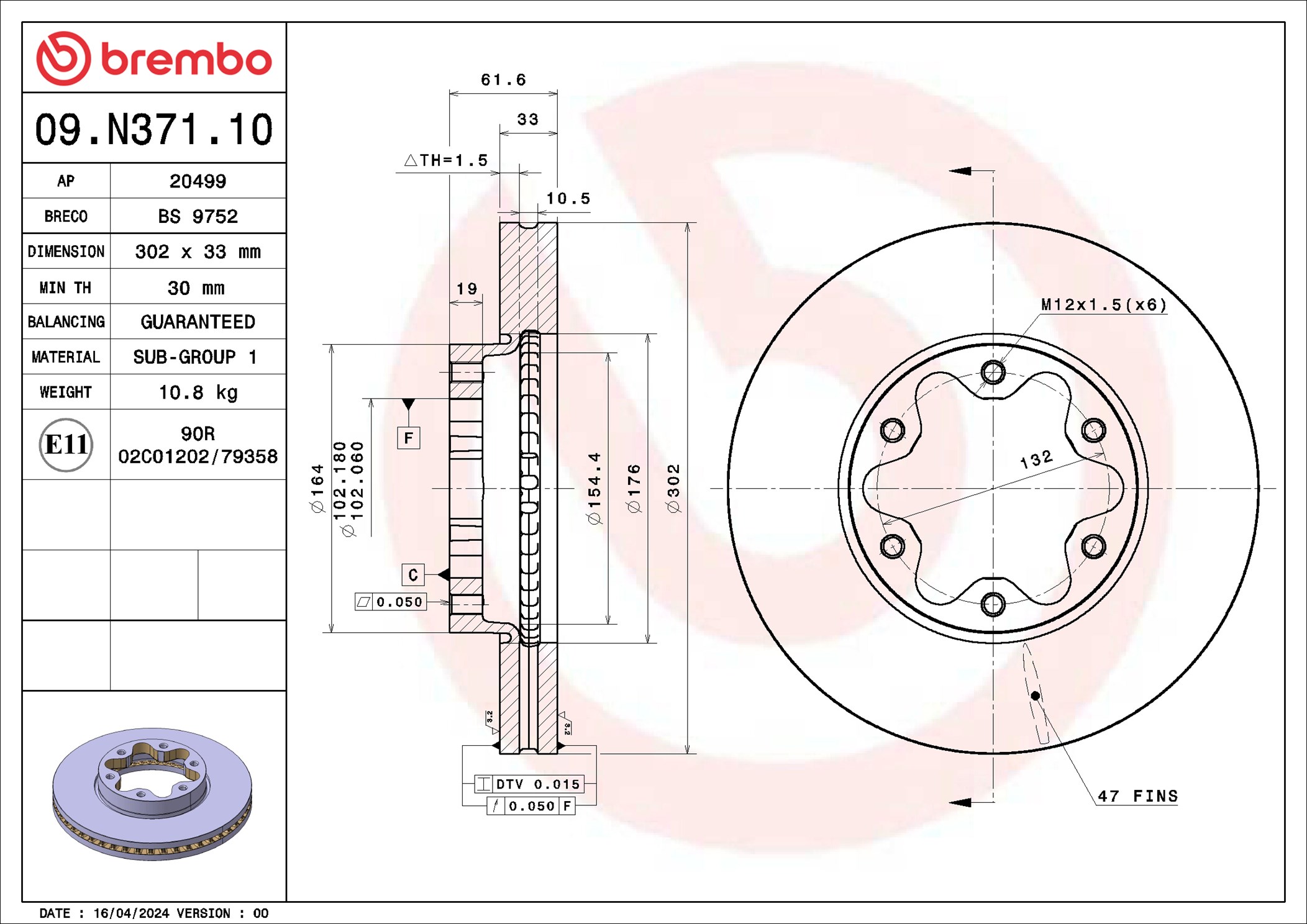 Ilustracja 09.N371.10 BREMBO tarcza hamulcowa