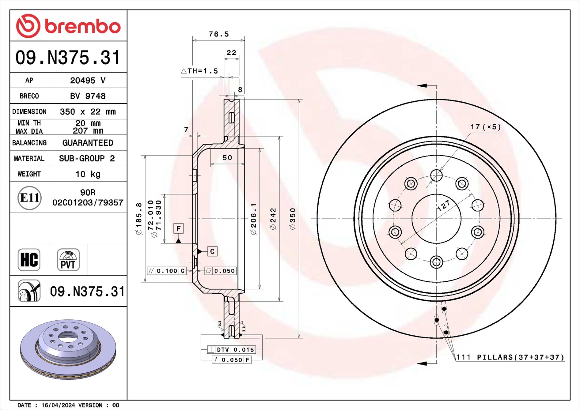 Ilustracja 09.N375.31 BREMBO tarcza hamulcowa
