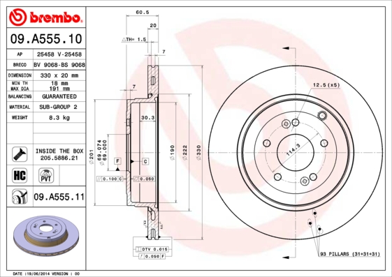 Ilustracja 09.A555.11 BREMBO tarcza hamulcowa