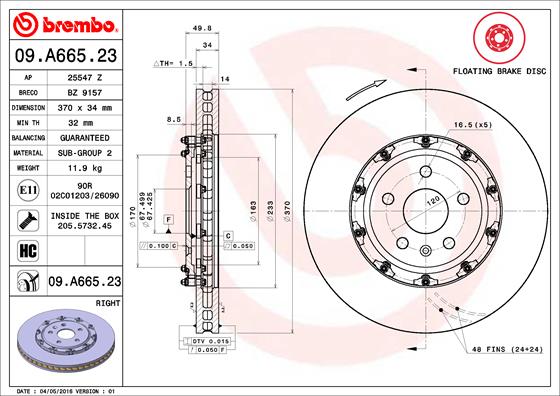 Ilustracja 09.A665.23 BREMBO tarcza hamulcowa