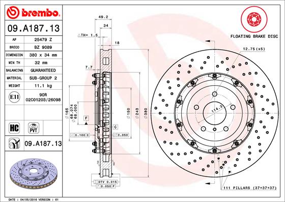 Ilustracja 09.A187.13 BREMBO tarcza hamulcowa