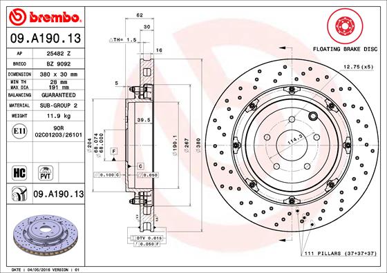 Ilustracja 09.A190.13 BREMBO tarcza hamulcowa