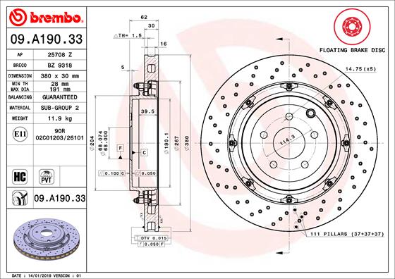 Ilustracja 09.A190.33 BREMBO tarcza hamulcowa