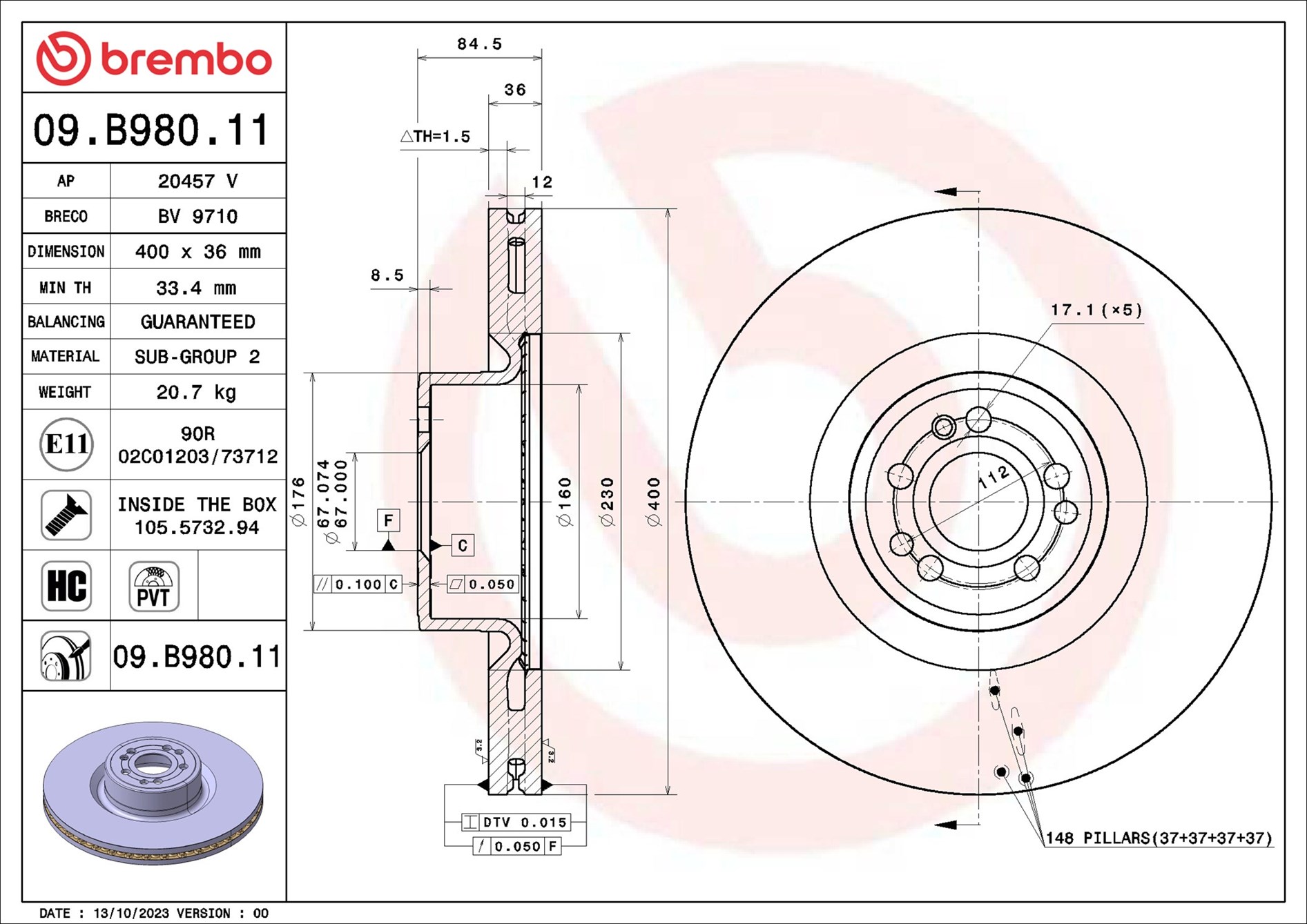 Ilustracja 09.B980.11 BREMBO tarcza hamulcowa