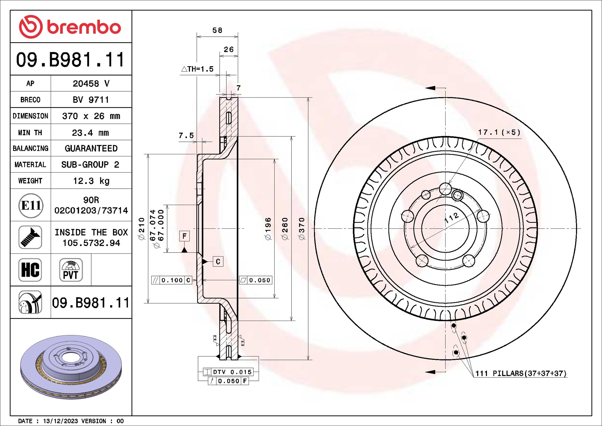 Ilustracja 09.B981.11 BREMBO tarcza hamulcowa