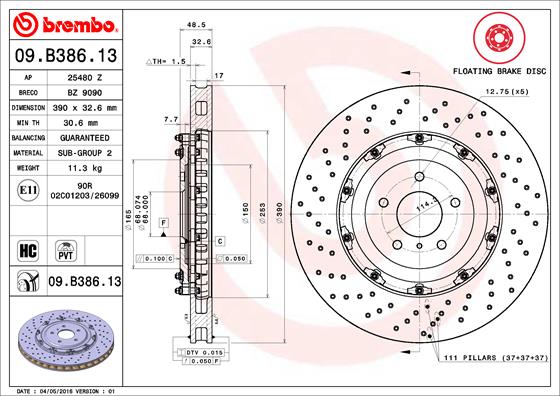 Ilustracja 09.B386.13 BREMBO tarcza hamulcowa