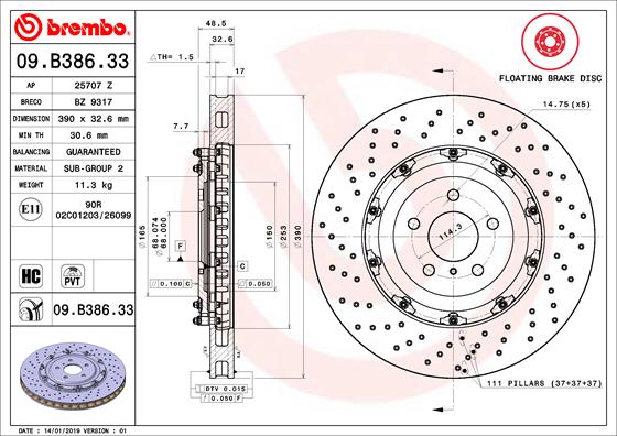 Ilustracja 09.B386.33 BREMBO tarcza hamulcowa