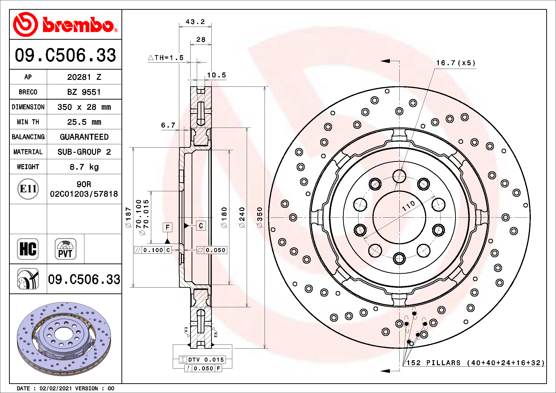 Ilustracja 09.C506.33 BREMBO tarcza hamulcowa