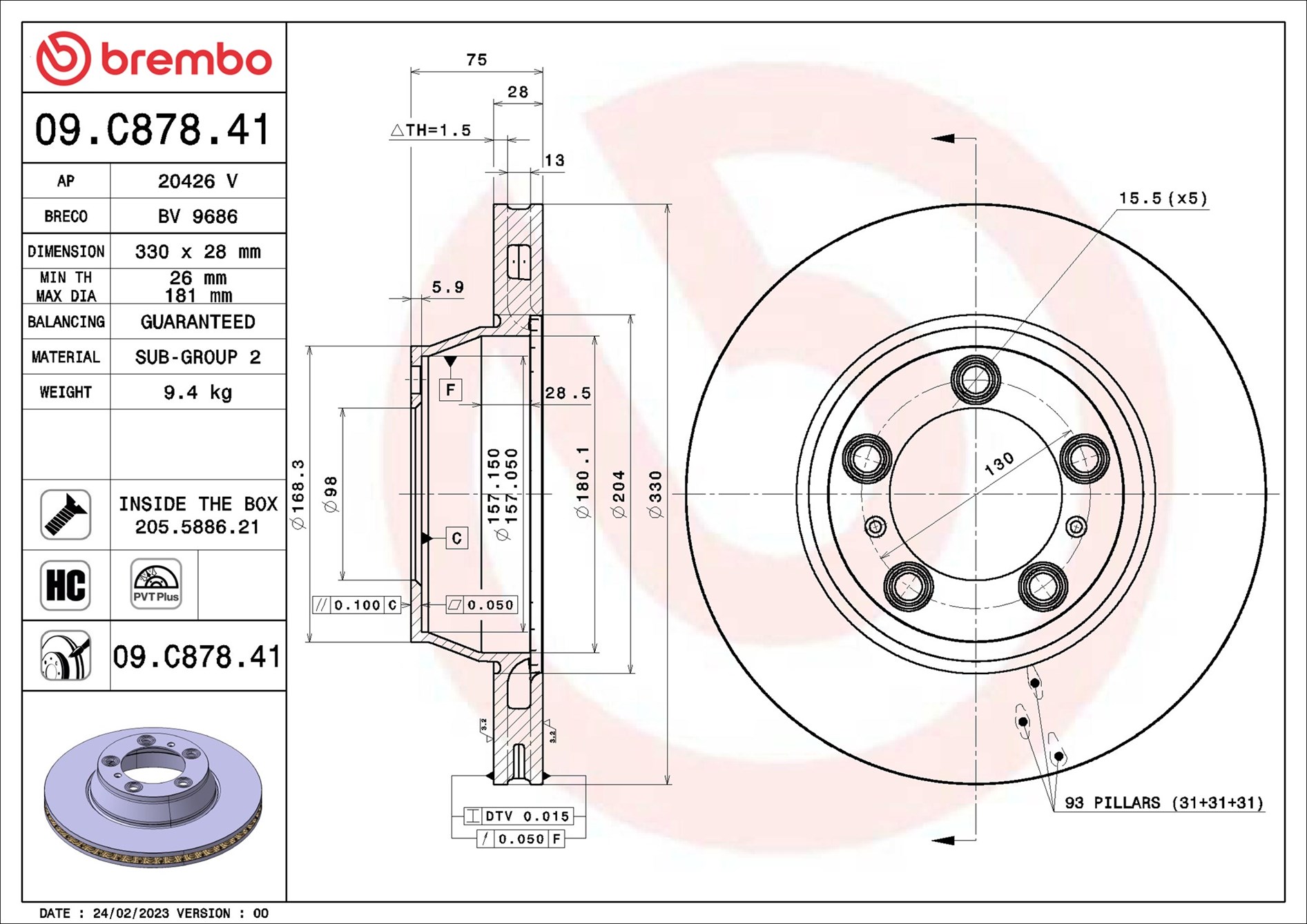 Ilustracja 09.C878.41 BREMBO tarcza hamulcowa