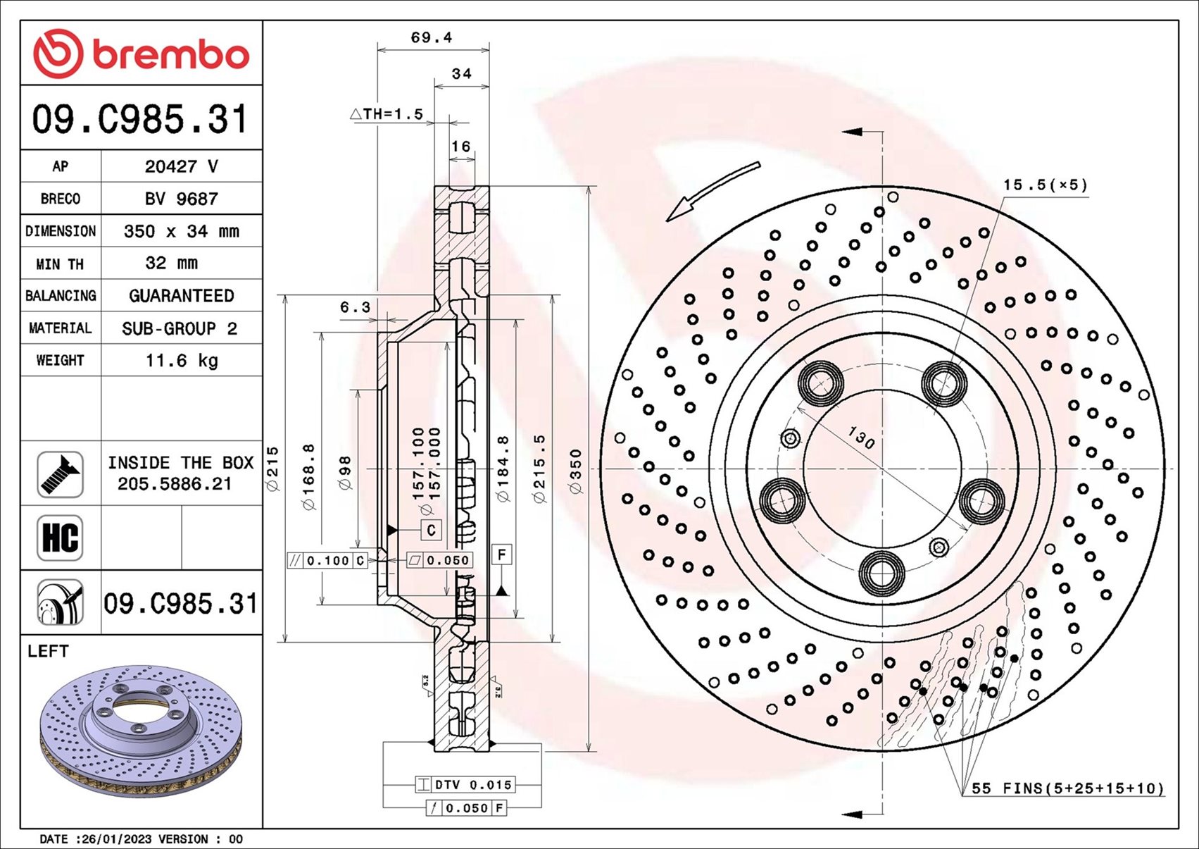 Ilustracja 09.C985.31 BREMBO tarcza hamulcowa