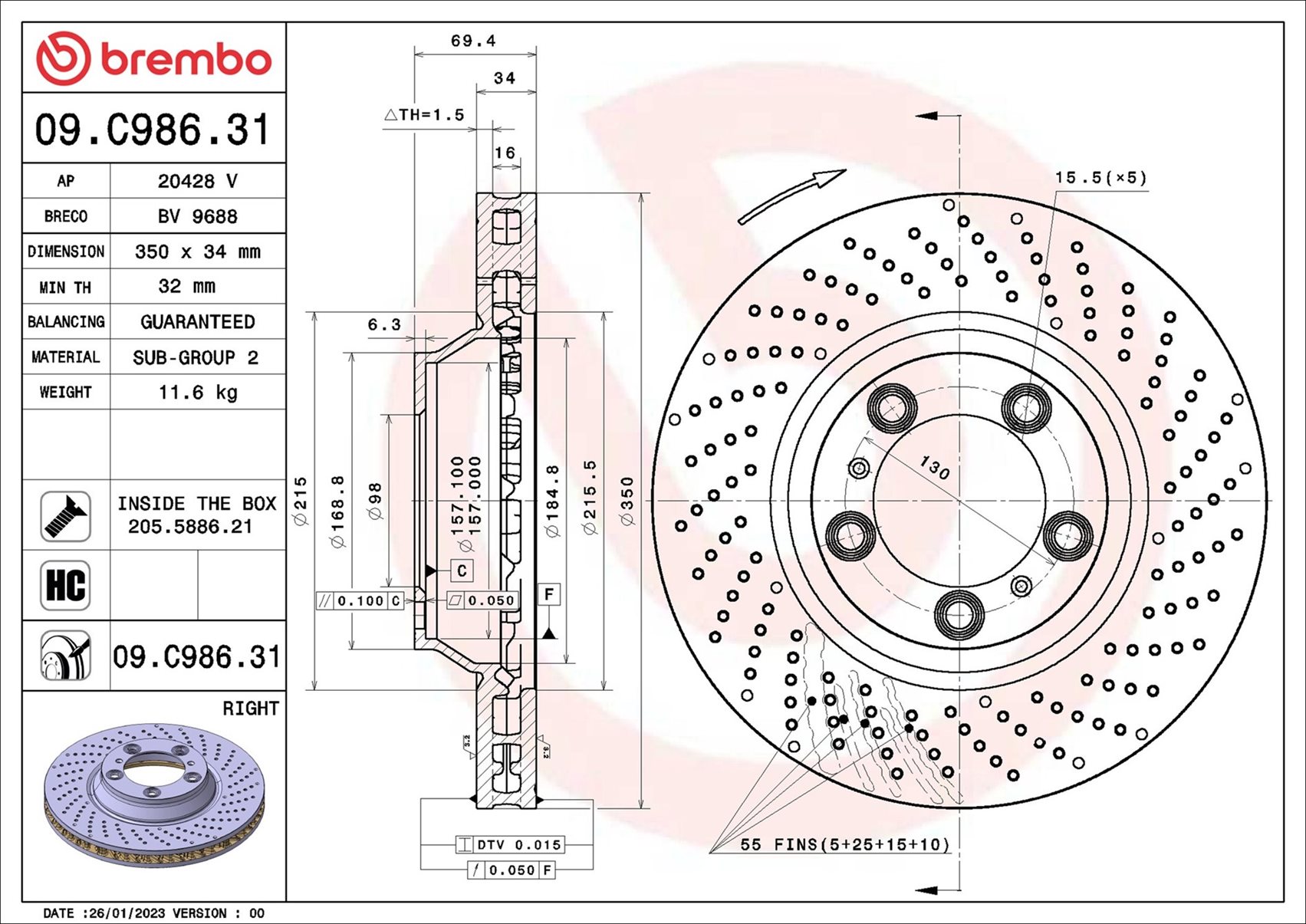 Ilustracja 09.C986.31 BREMBO tarcza hamulcowa