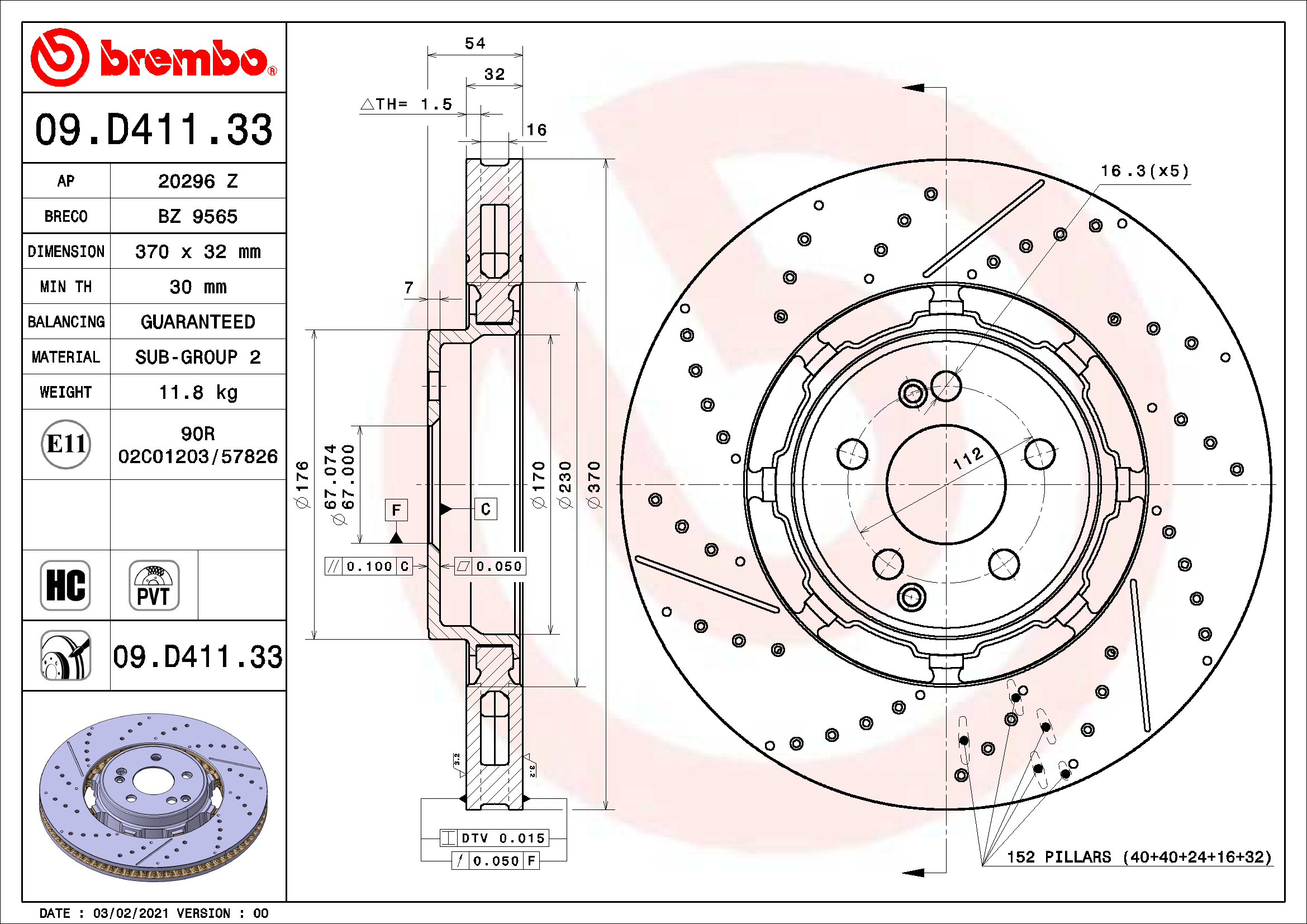 Ilustracja 09.D411.33 BREMBO tarcza hamulcowa