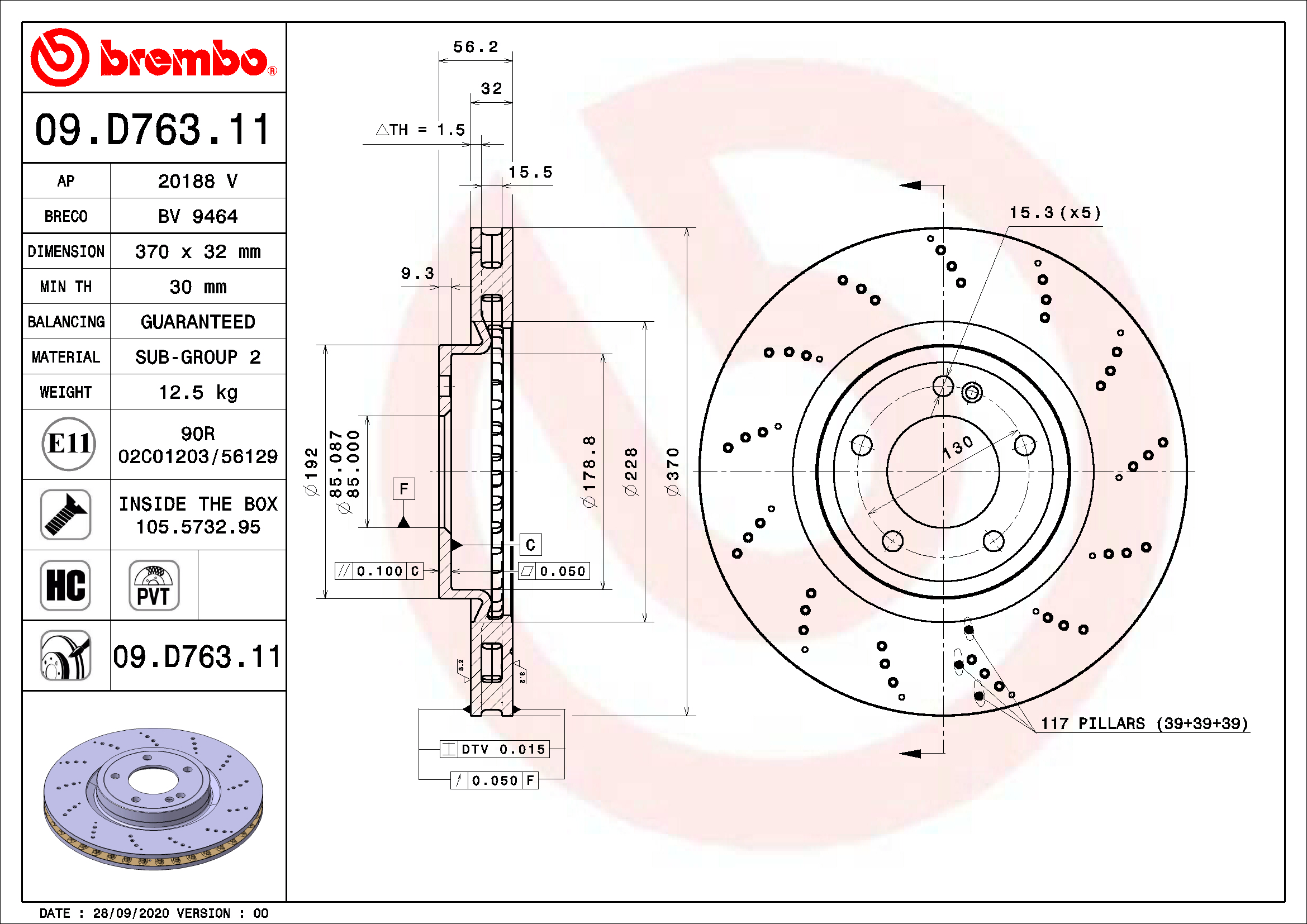Ilustracja 09.D763.11 BREMBO tarcza hamulcowa