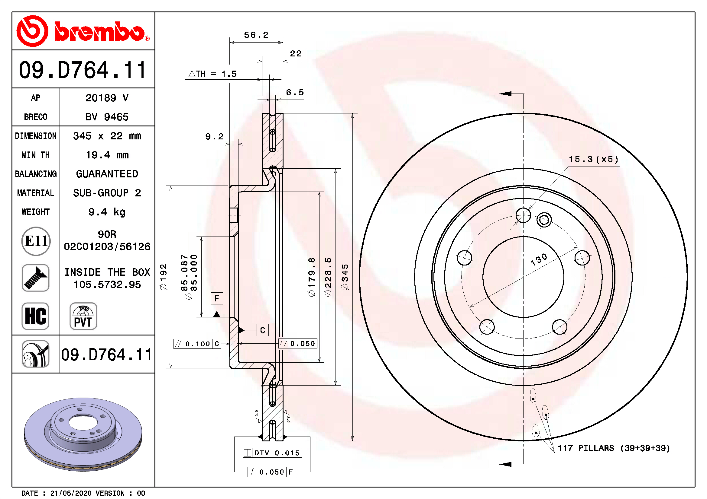 Ilustracja 09.D764.11 BREMBO tarcza hamulcowa