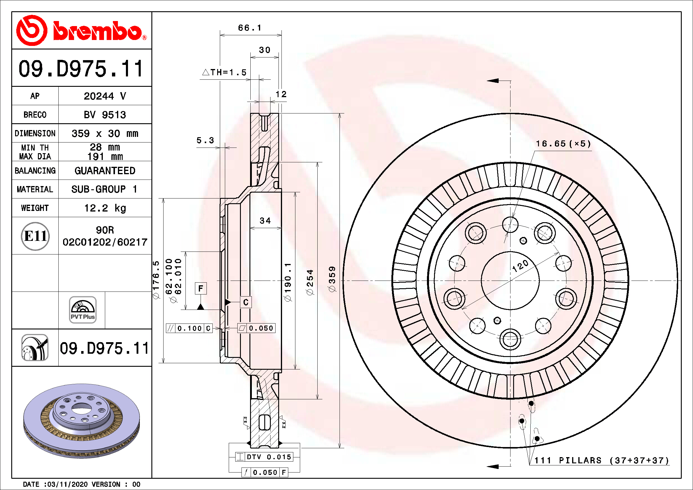 Ilustracja 09.D975.11 BREMBO tarcza hamulcowa