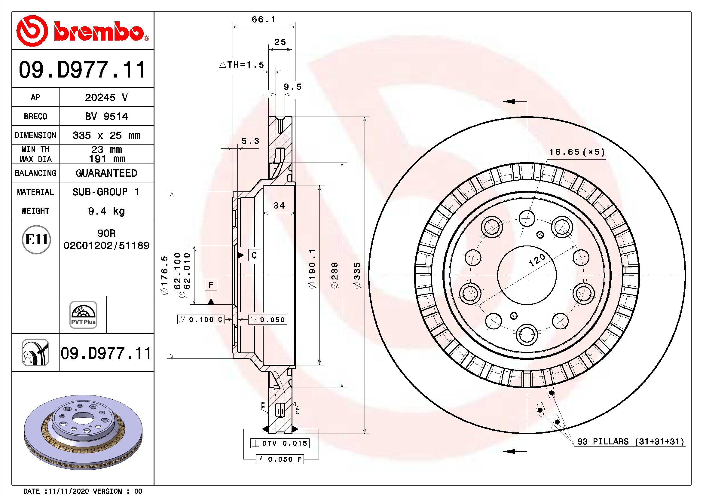 Ilustracja 09.D977.11 BREMBO tarcza hamulcowa