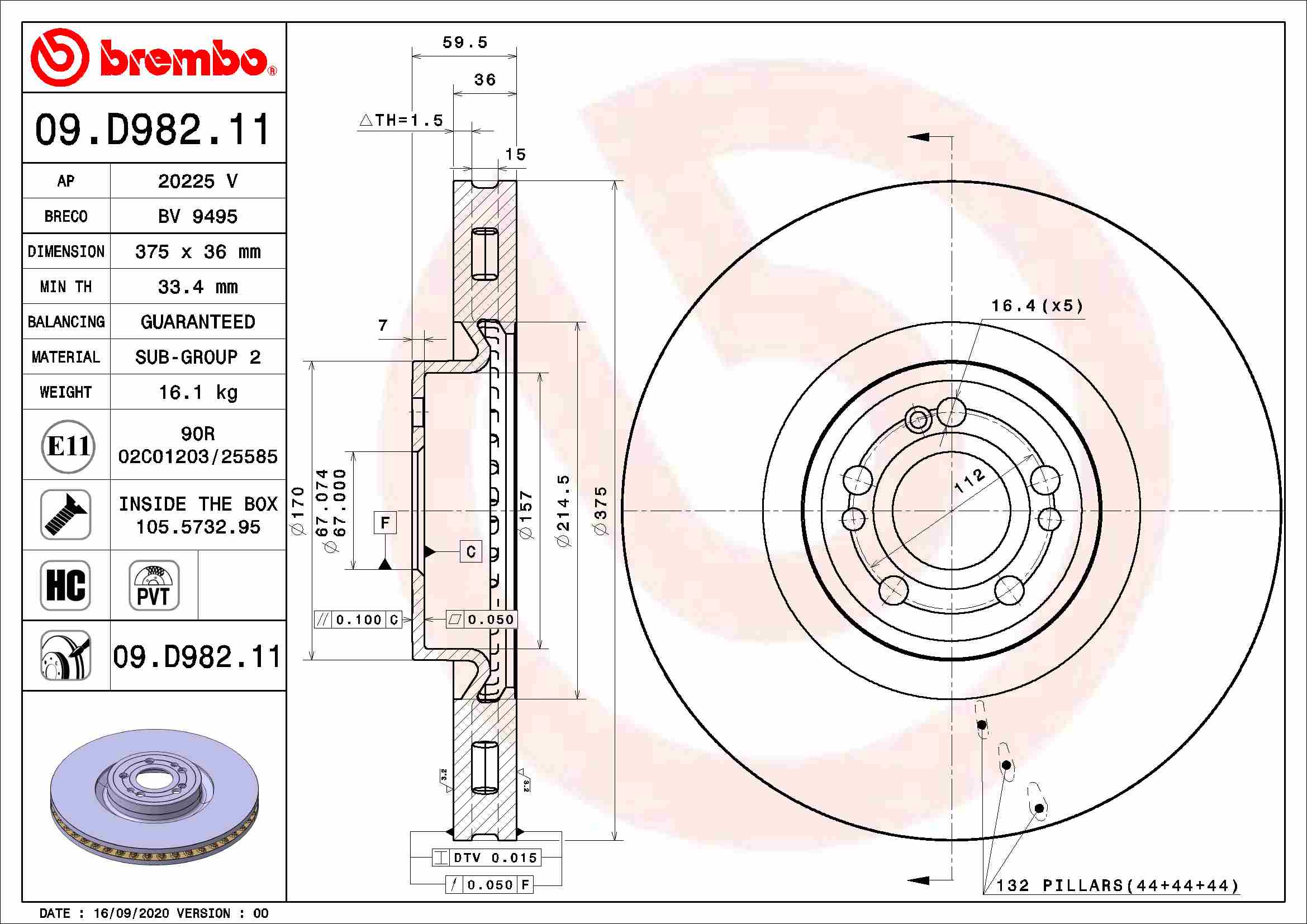 Ilustracja 09.D982.11 BREMBO tarcza hamulcowa