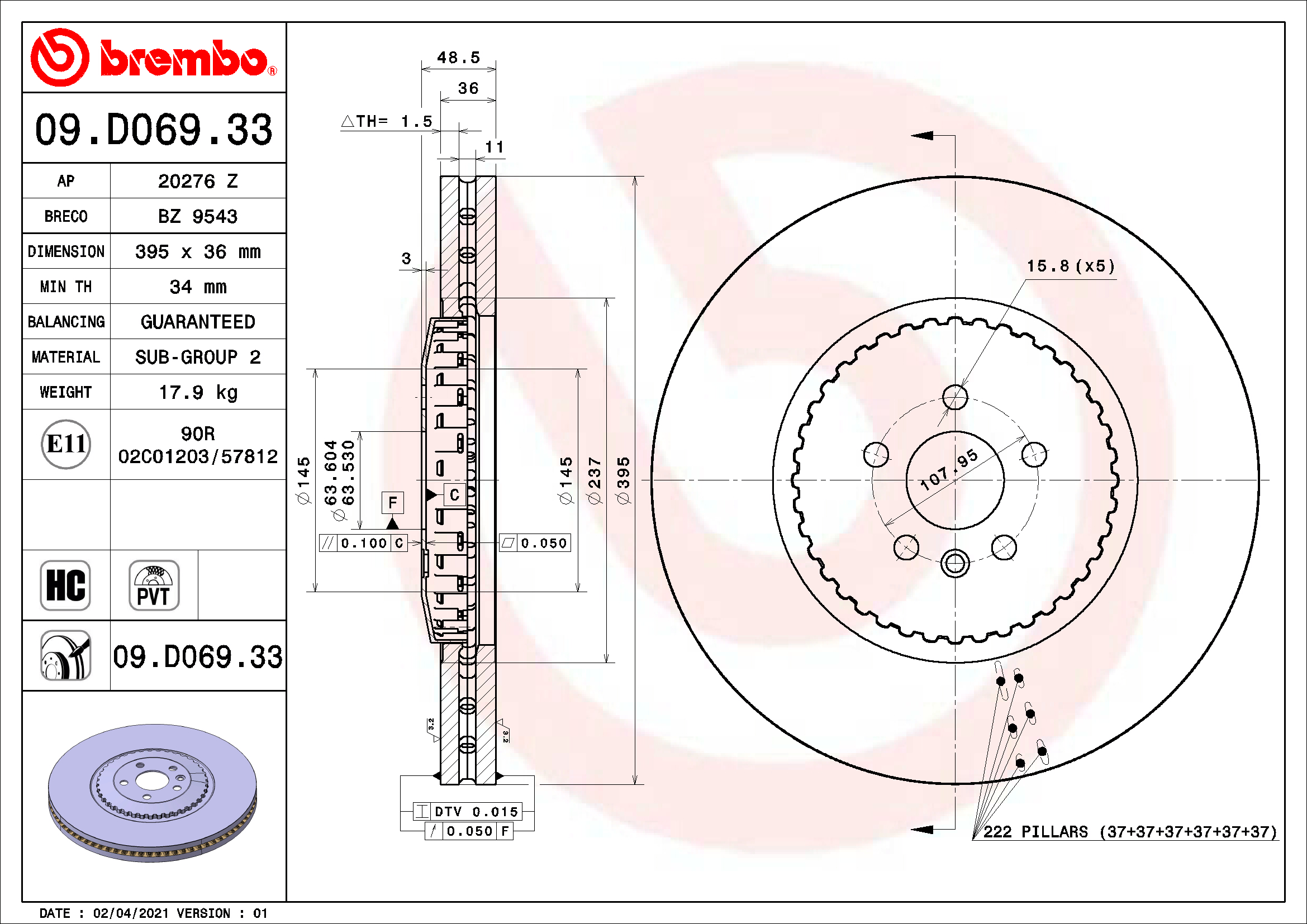 Ilustracja 09.D069.33 BREMBO tarcza hamulcowa