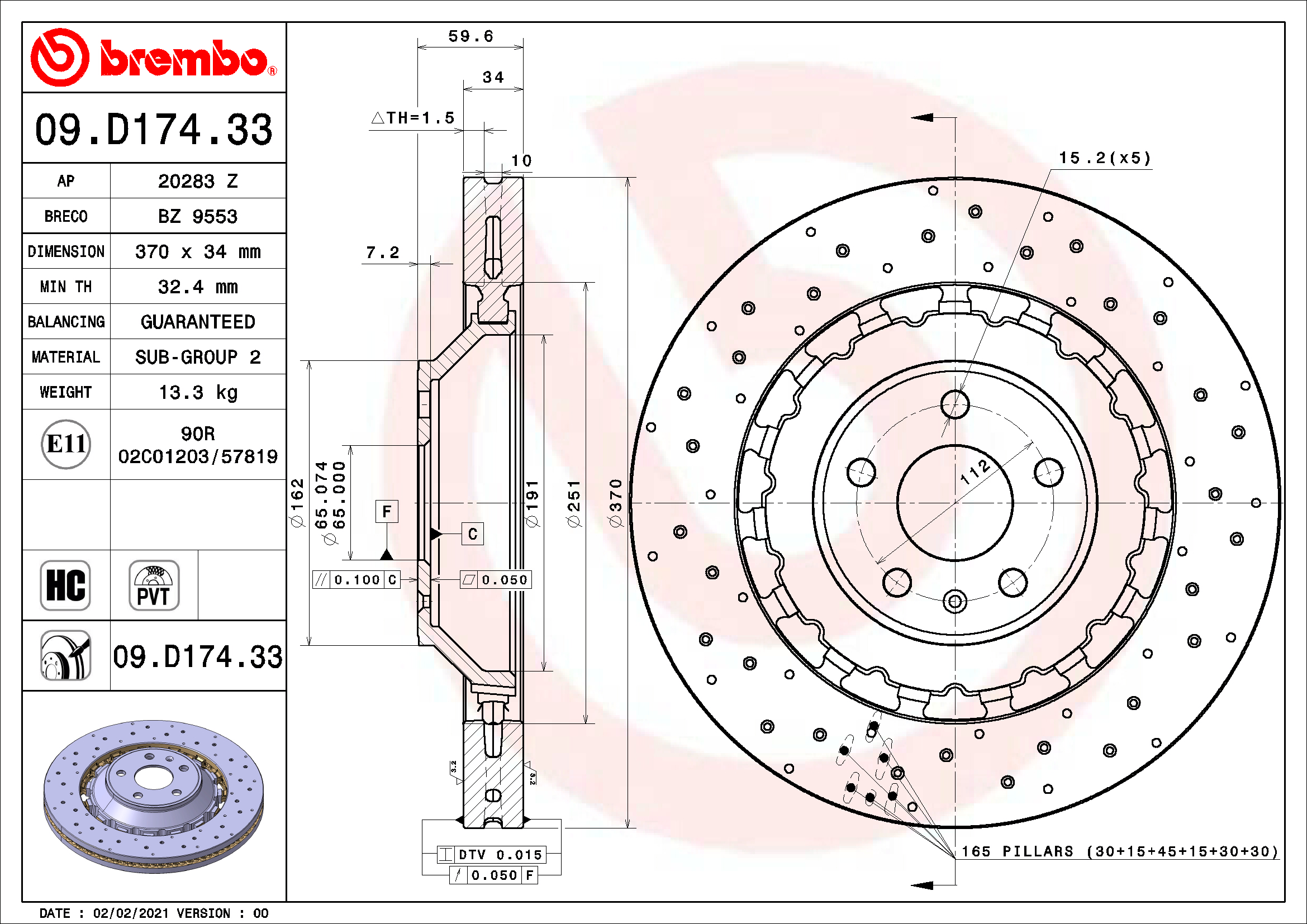Ilustracja 09.D174.33 BREMBO tarcza hamulcowa
