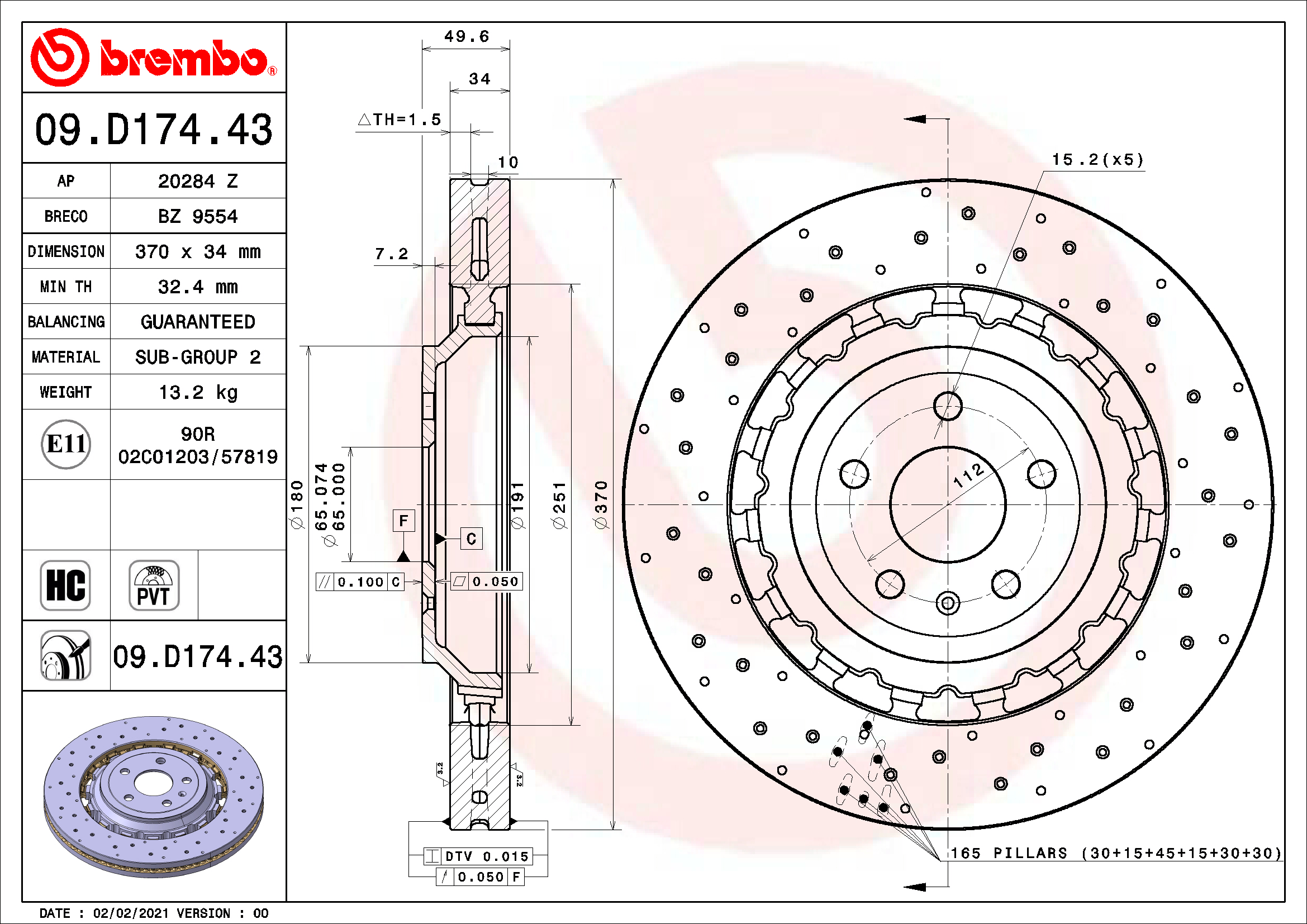 Ilustracja 09.D174.43 BREMBO tarcza hamulcowa