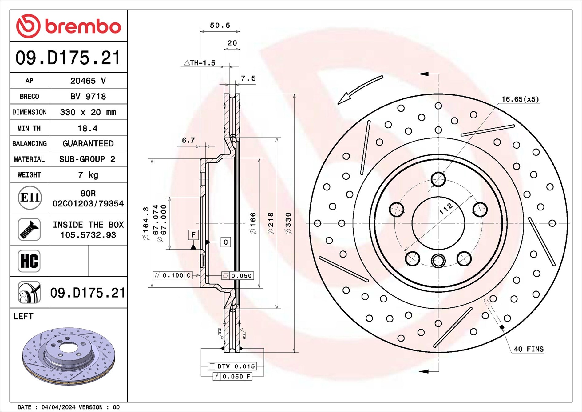 Ilustracja 09.D175.21 BREMBO tarcza hamulcowa