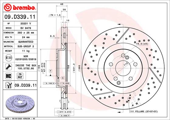Ilustracja 09.D339.11 BREMBO tarcza hamulcowa