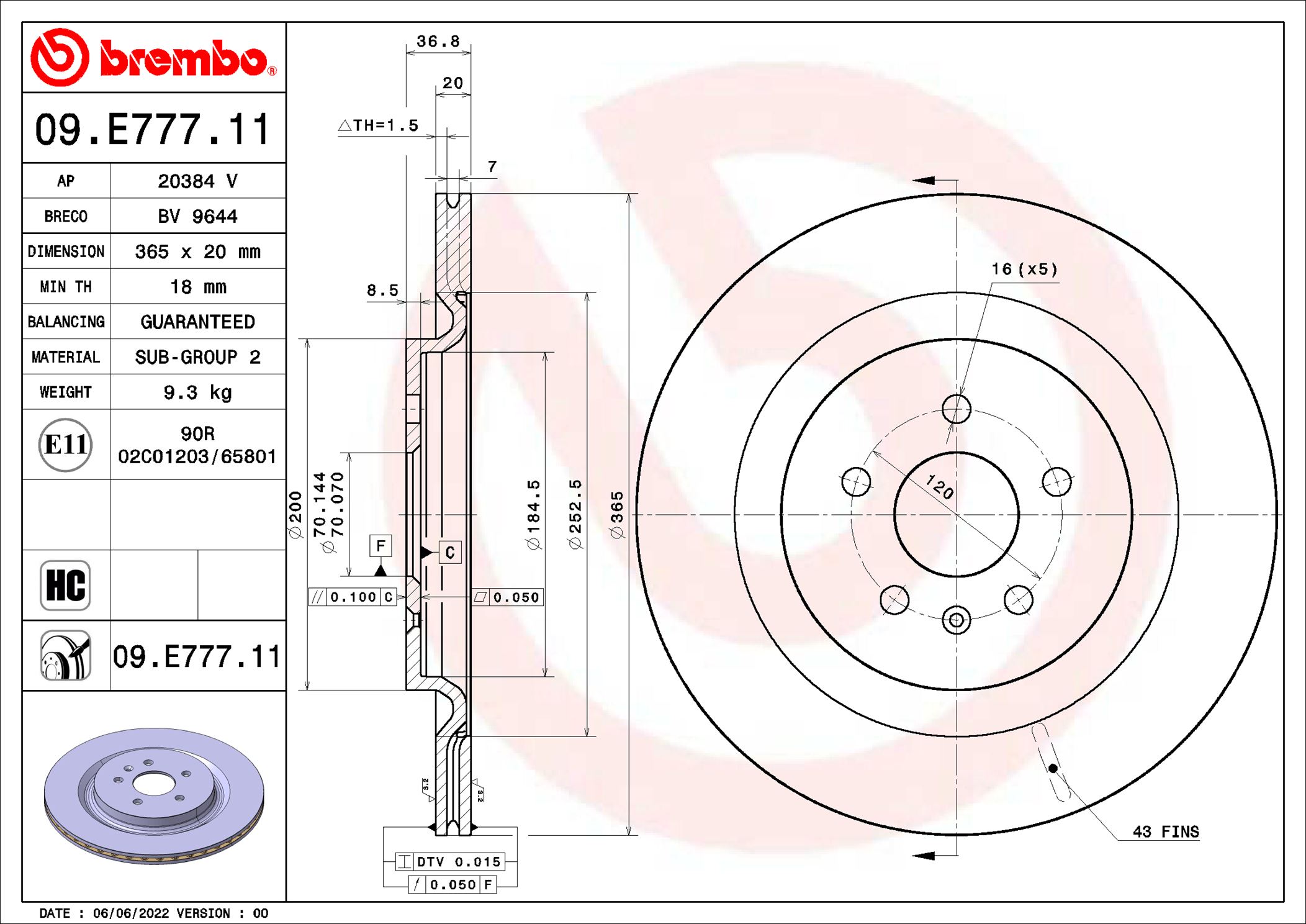 Ilustracja 09.E777.11 BREMBO tarcza hamulcowa