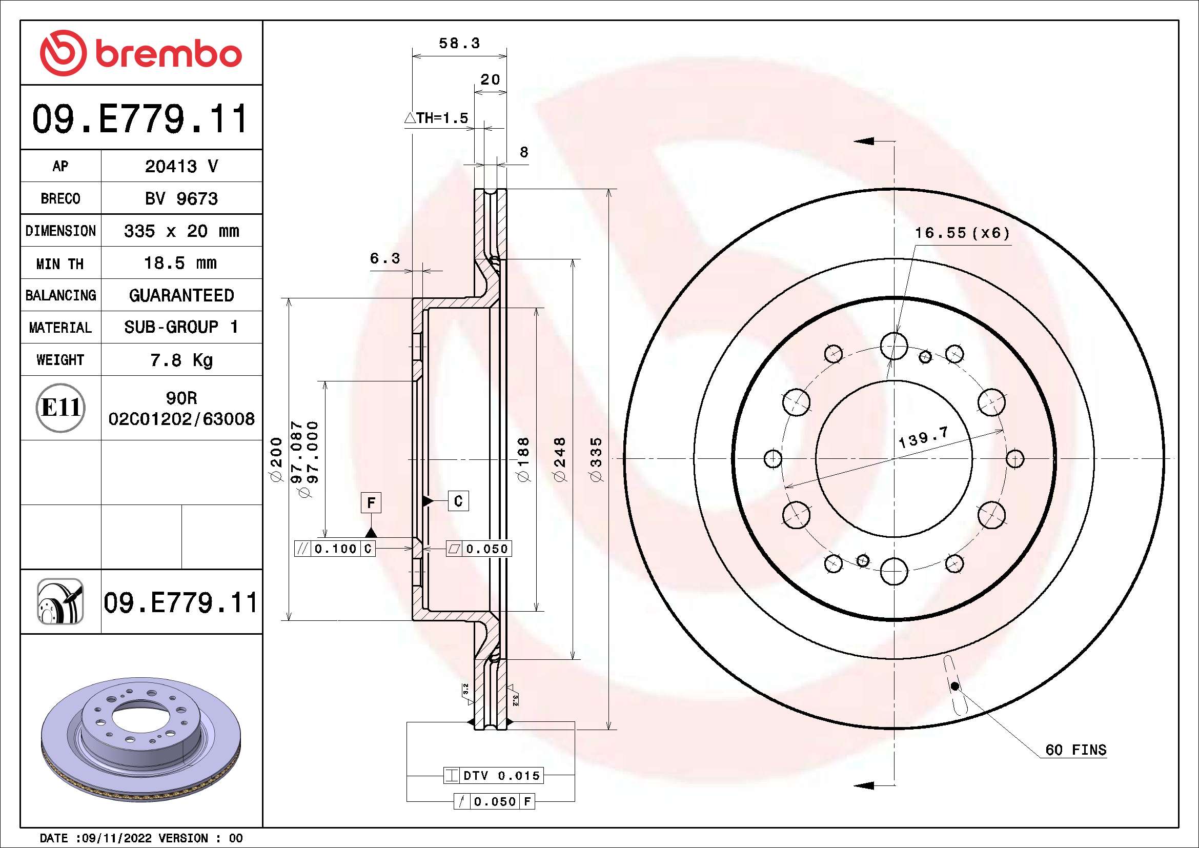 Ilustracja 09.E779.11 BREMBO tarcza hamulcowa