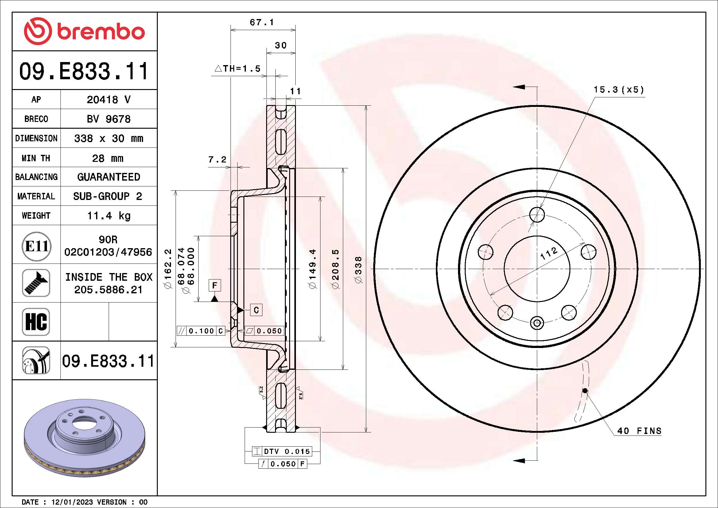 Ilustracja 09.E833.11 BREMBO tarcza hamulcowa