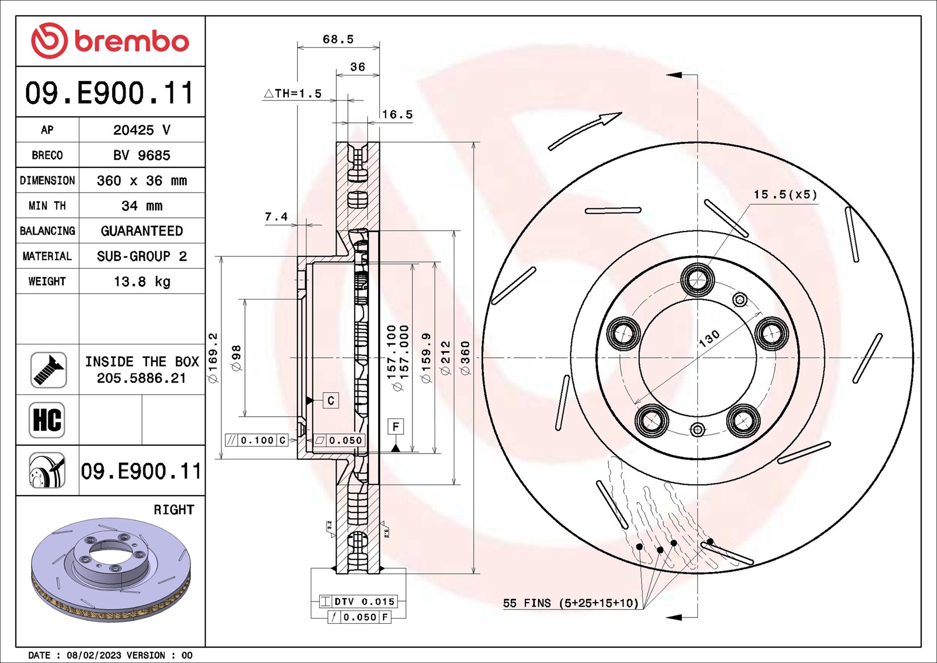 Ilustracja 09.E900.11 BREMBO tarcza hamulcowa