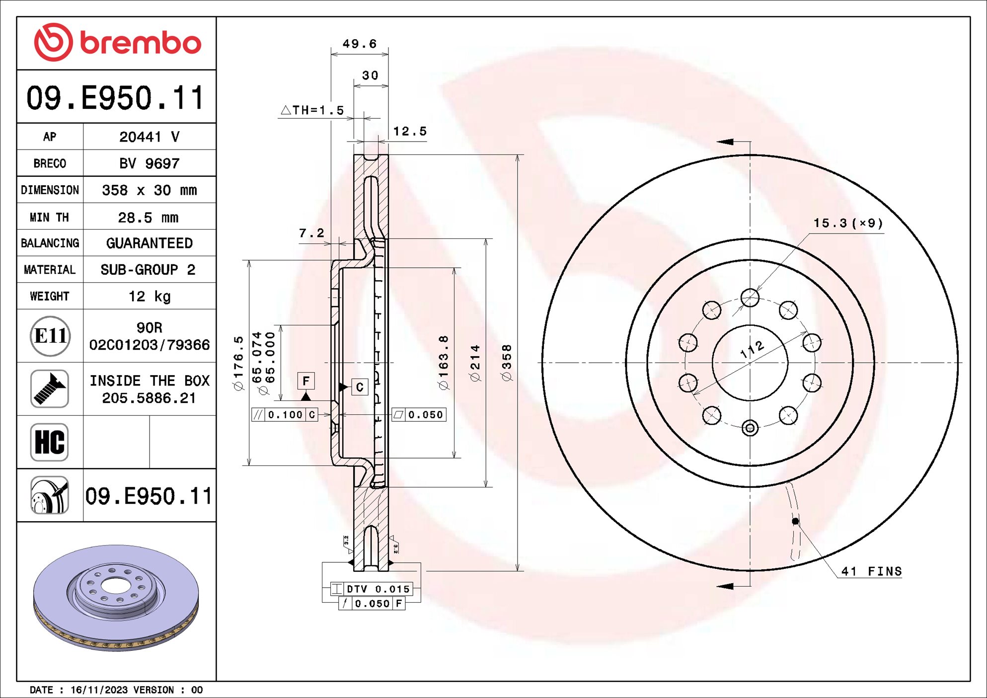 Ilustracja 09.E950.11 BREMBO tarcza hamulcowa