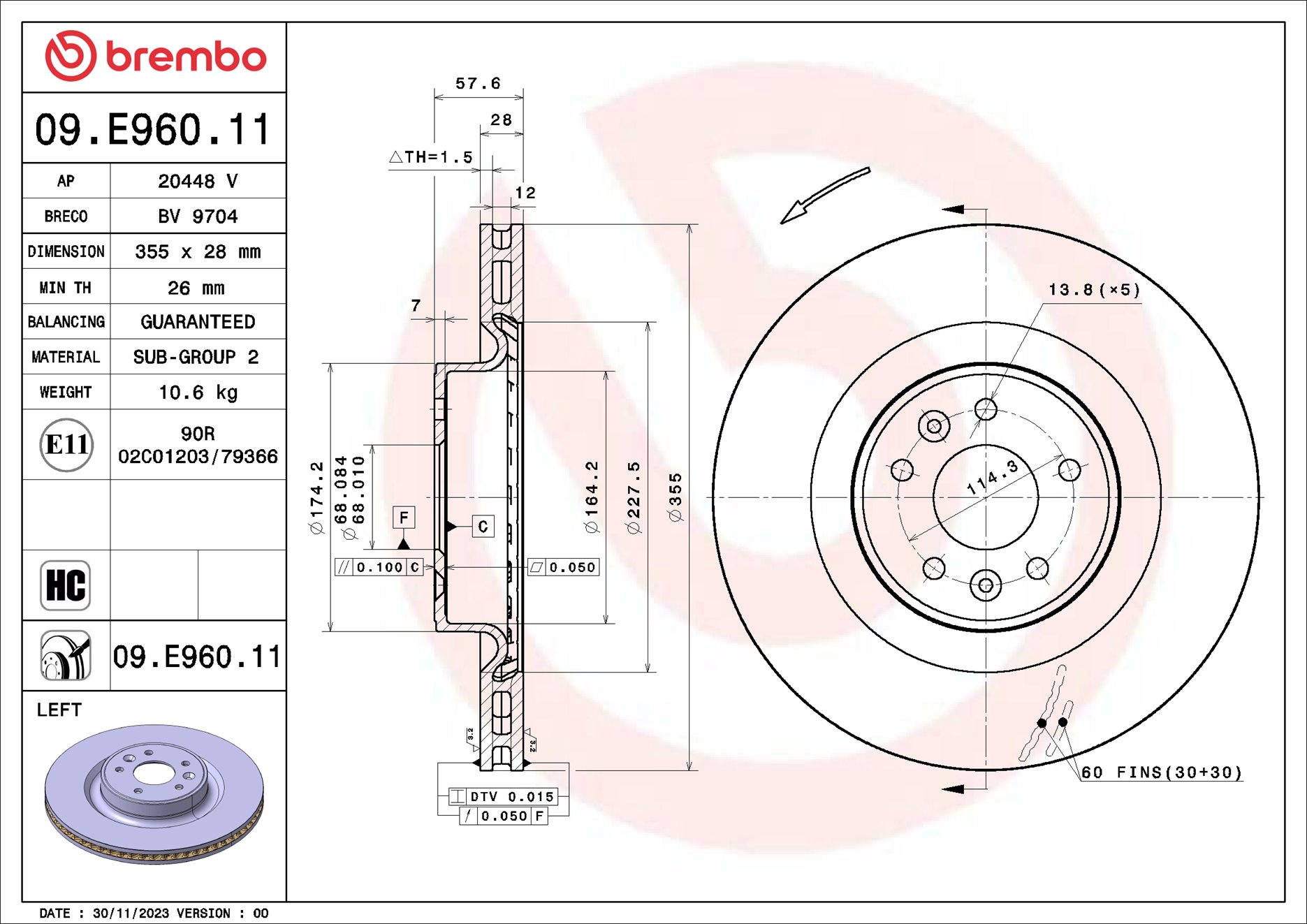 Ilustracja 09.E960.11 BREMBO tarcza hamulcowa