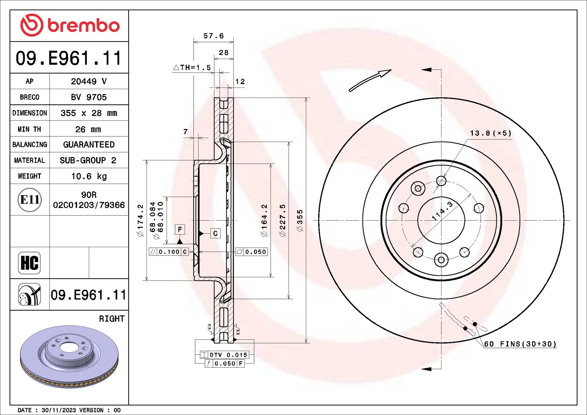 Ilustracja 09.E961.11 BREMBO tarcza hamulcowa