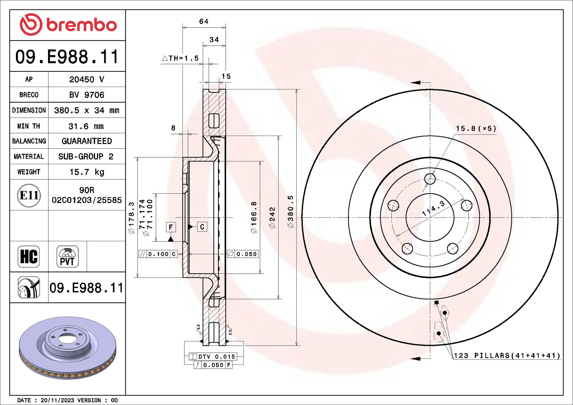 Ilustracja 09.E988.11 BREMBO tarcza hamulcowa