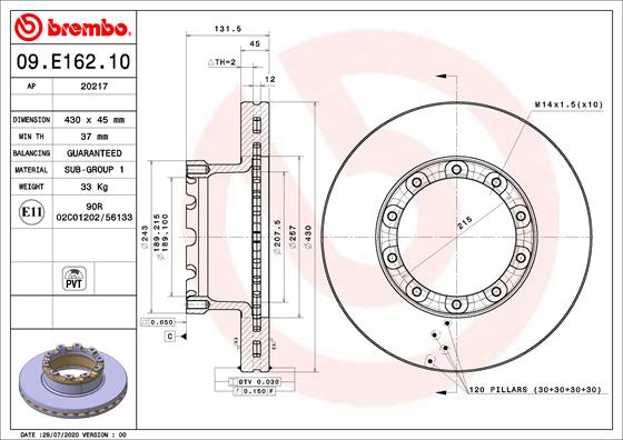 Ilustracja 09.E162.10 BREMBO tarcza hamulcowa