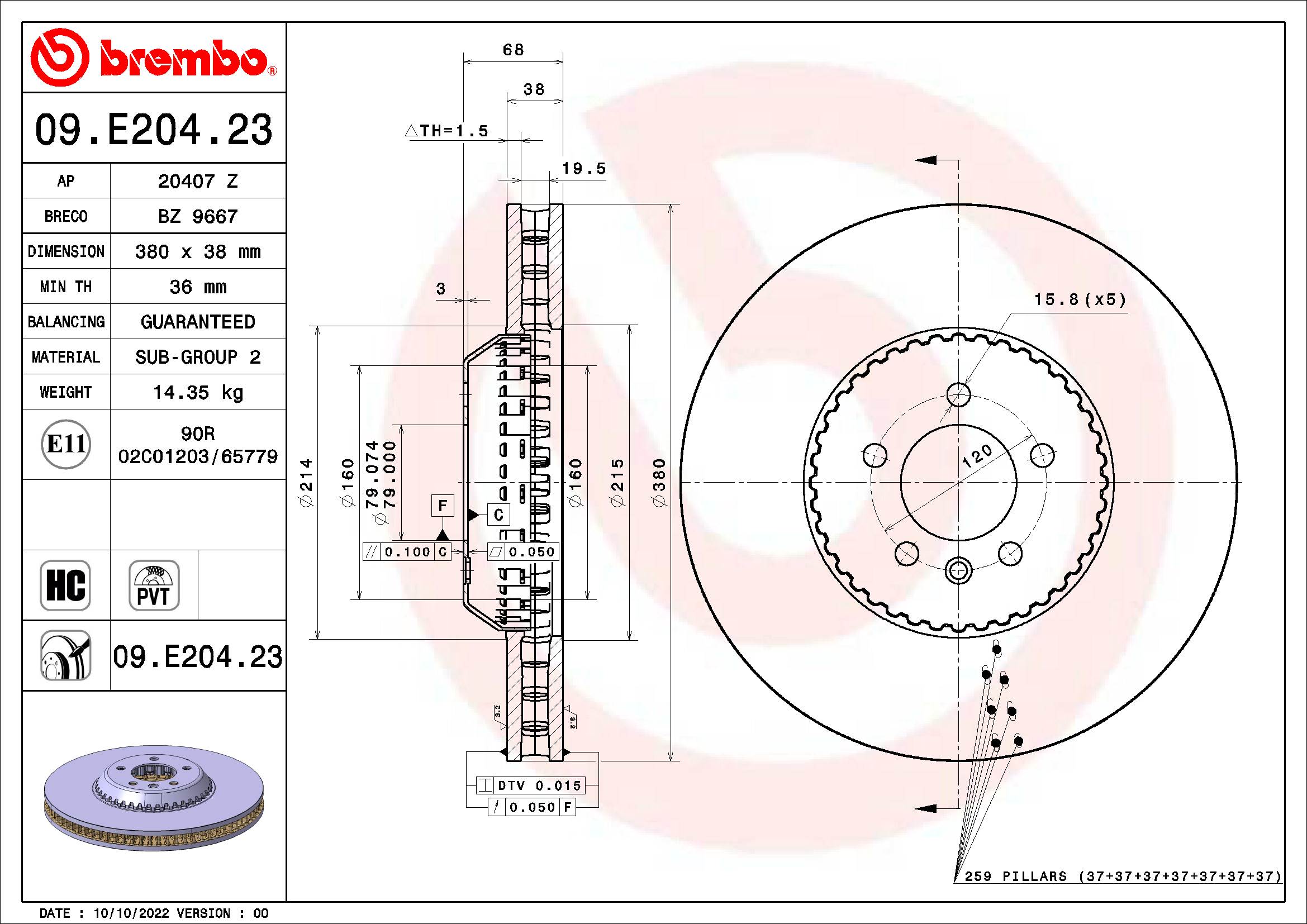 Ilustracja 09.E204.23 BREMBO tarcza hamulcowa
