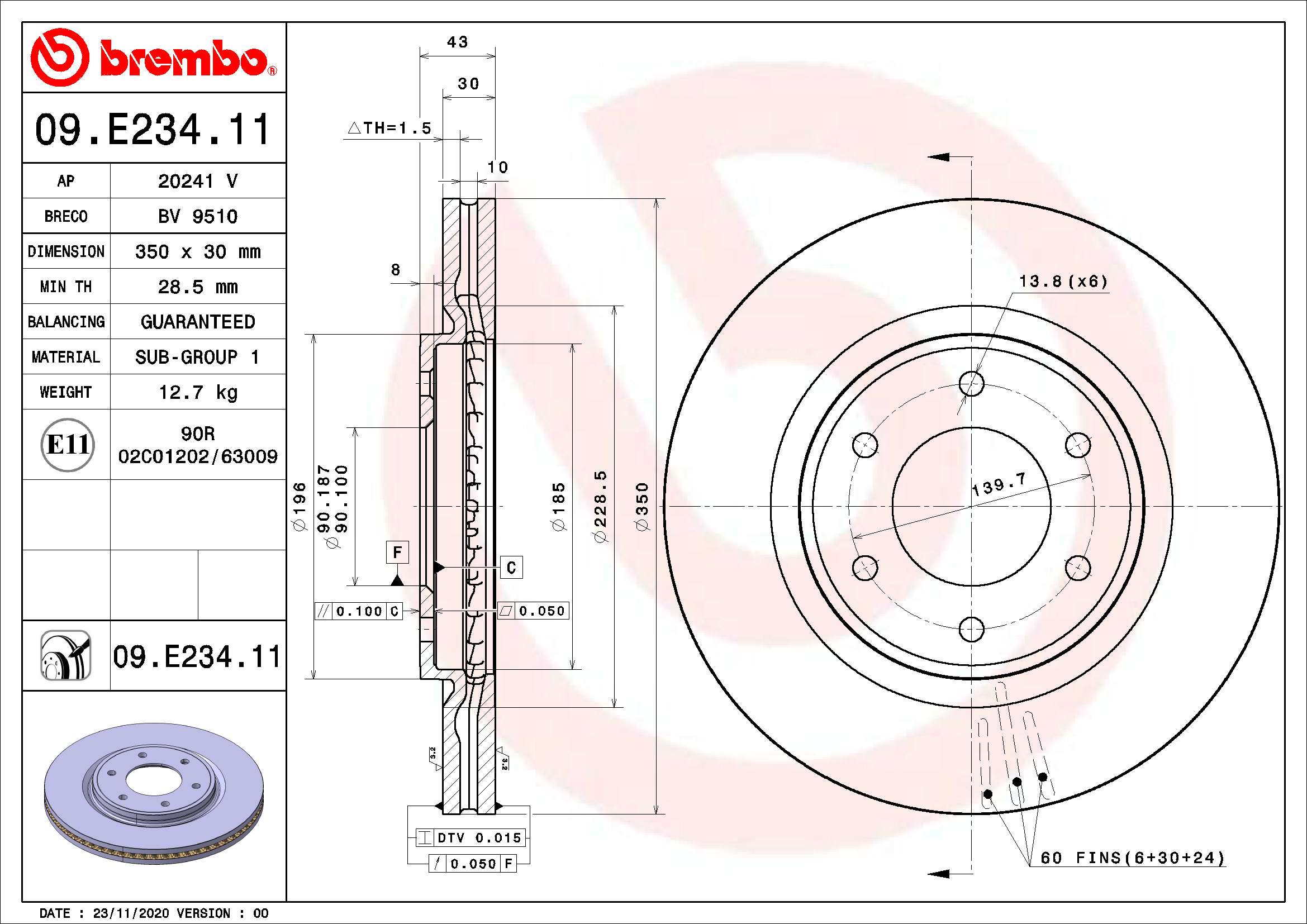 Ilustracja 09.E234.11 BREMBO tarcza hamulcowa