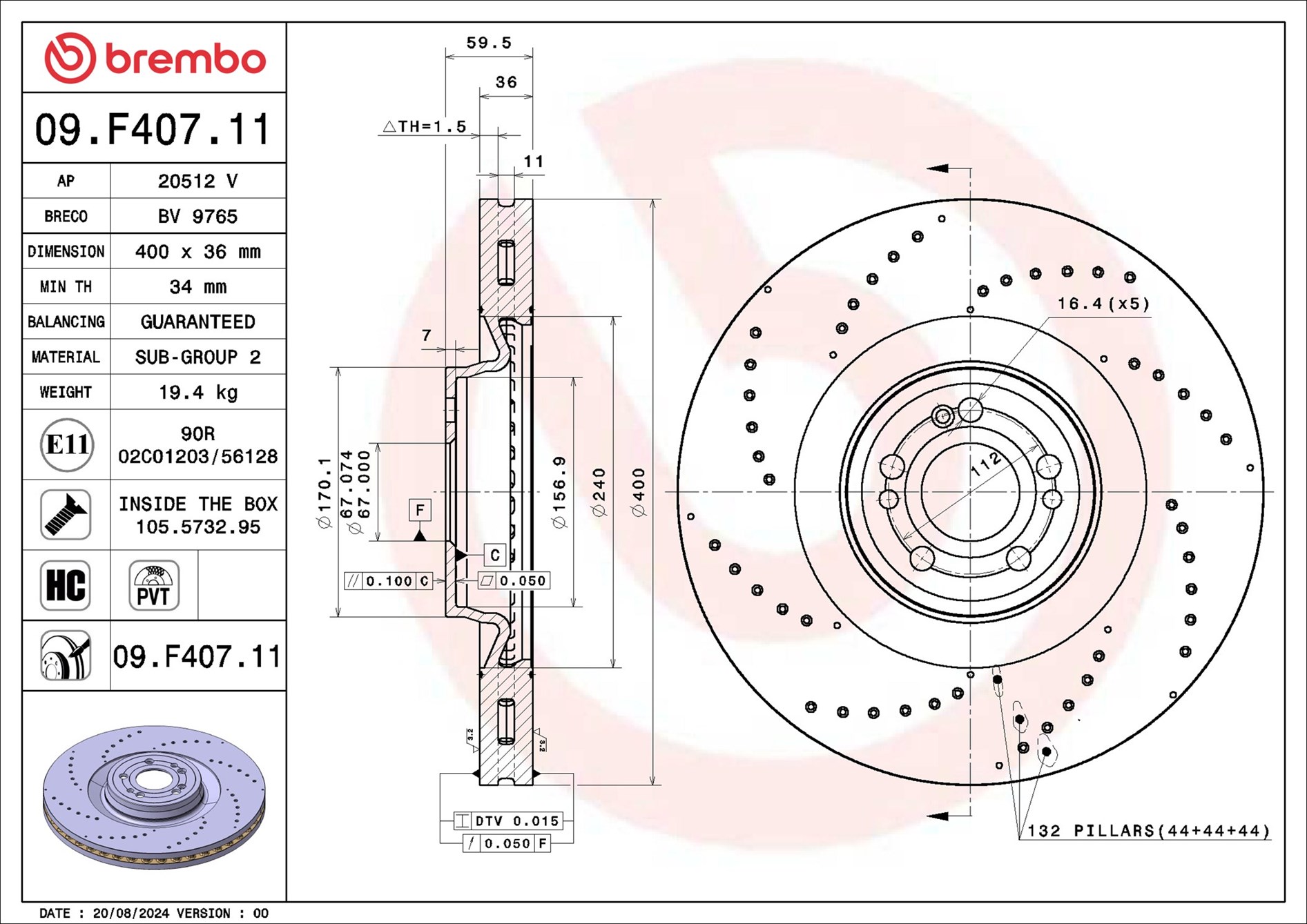 Ilustracja 09.F407.11 BREMBO tarcza hamulcowa
