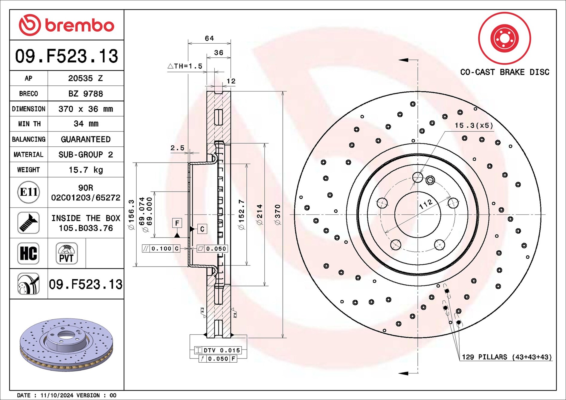 Ilustracja 09.F523.13 BREMBO tarcza hamulcowa